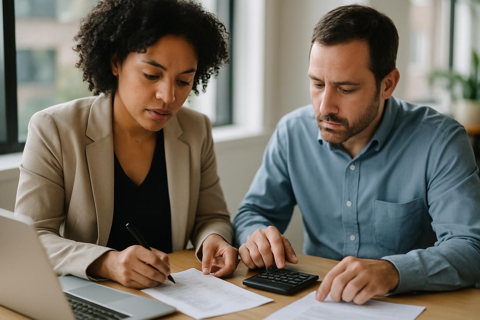 Two business professionals reviewing product lists and calculations at a desk.
