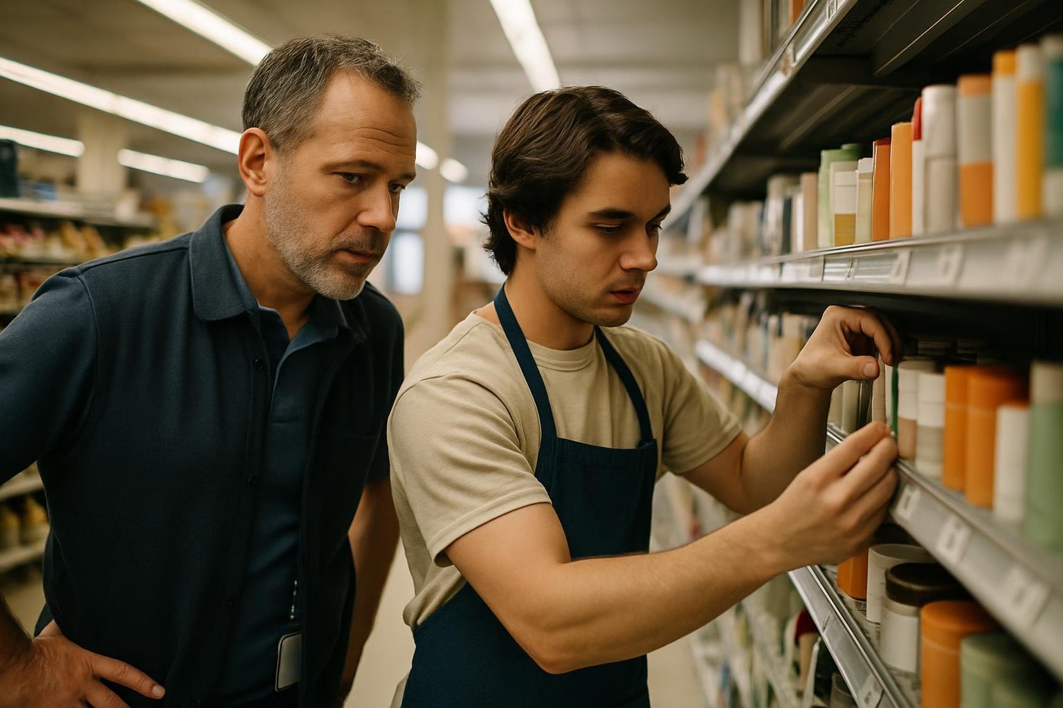 Retail manager and employee updating pricing on merchandise shelves in a store.
