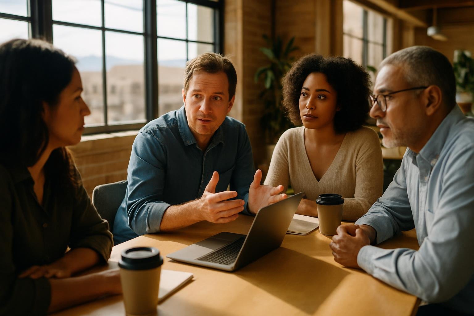 Entrepreneurs meeting about ballot tax changes at Nevada workspace table