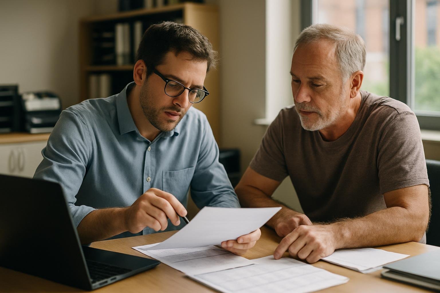 Accountant and client reviewing a financial report and a tax calendar together.