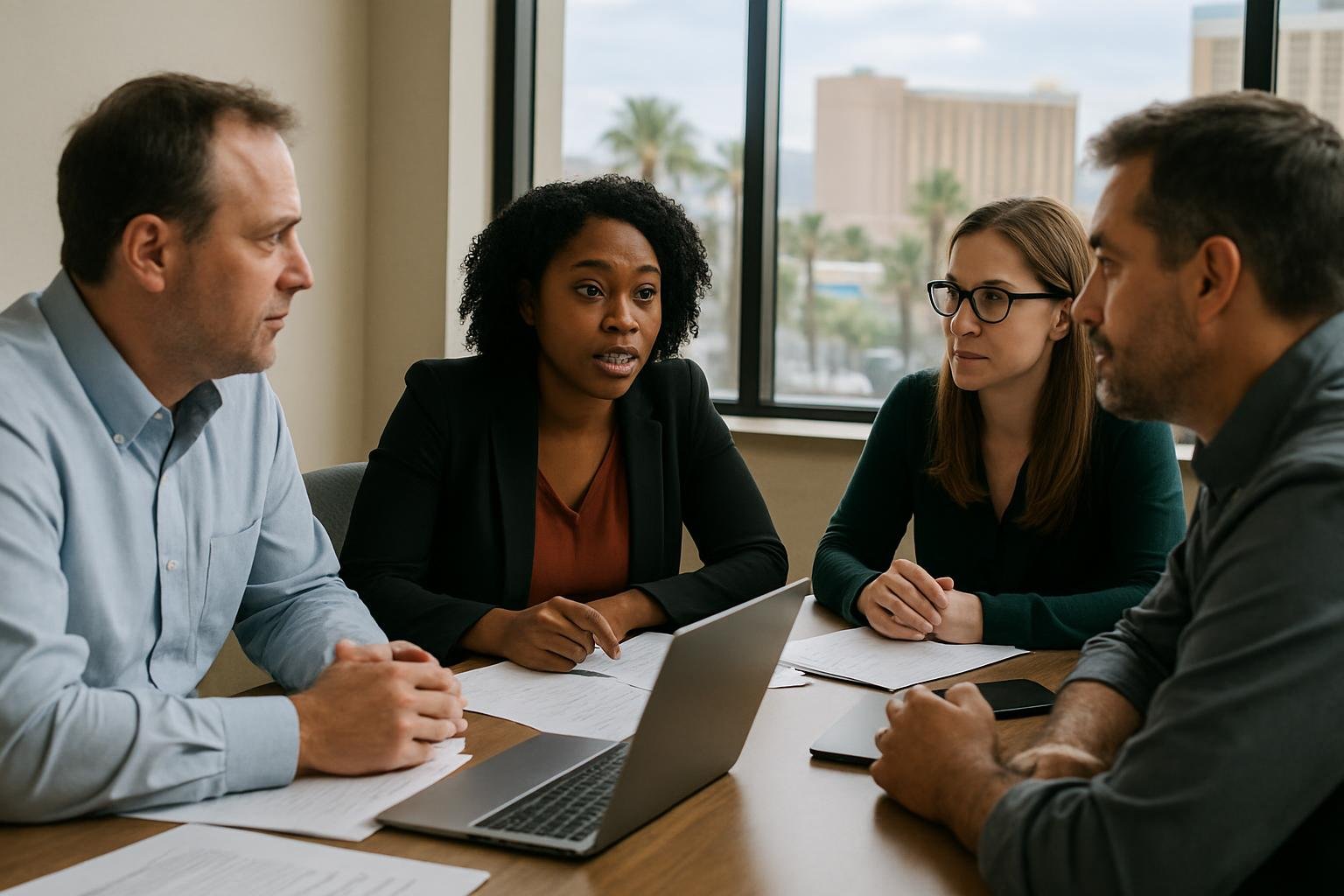 Business team in Las Vegas office discussing tax strategies at a table.
