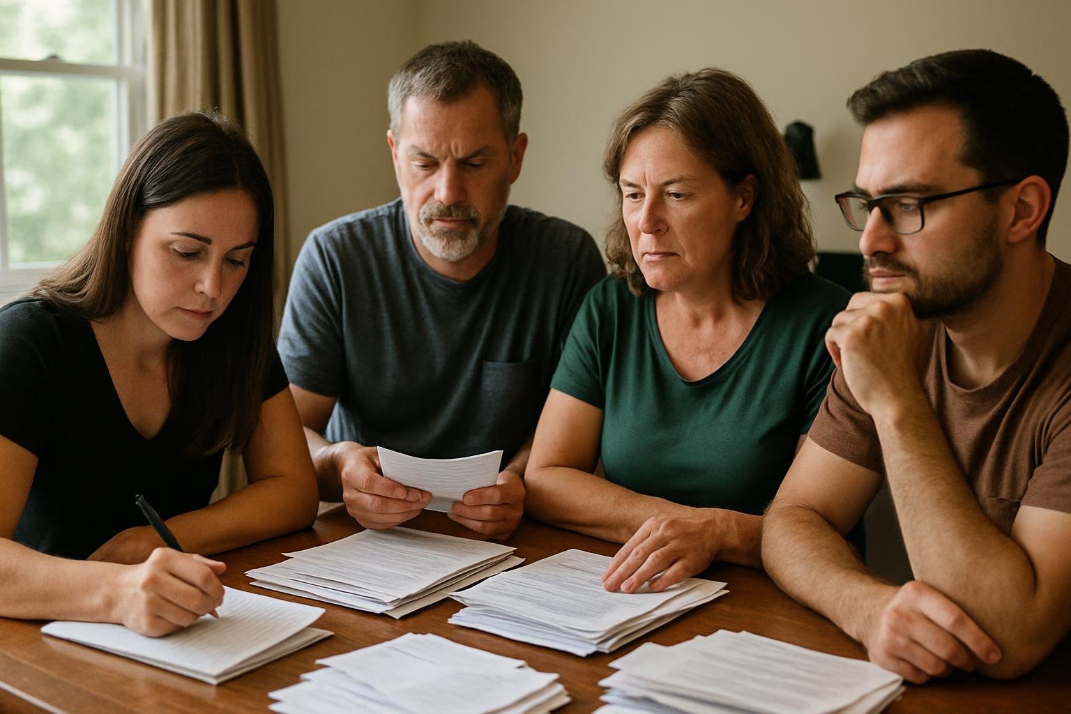 Family members organizing estate paperwork in a home office together.