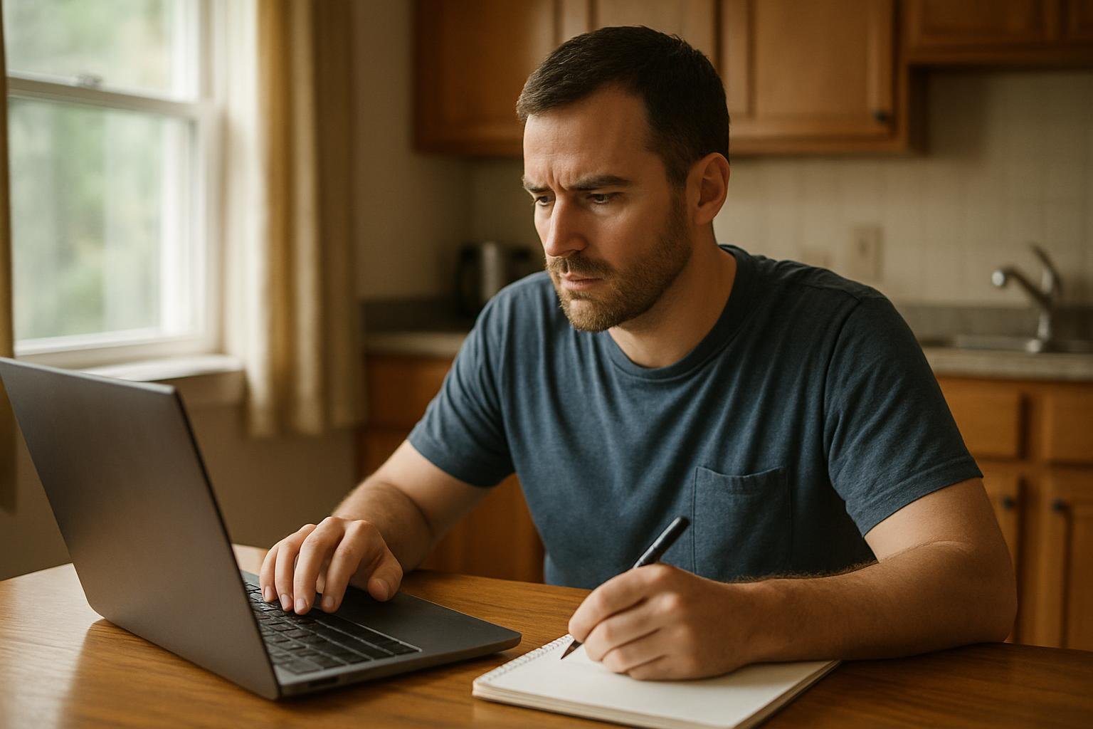 Individual researching estate and inheritance taxes at home with laptop and notepad.