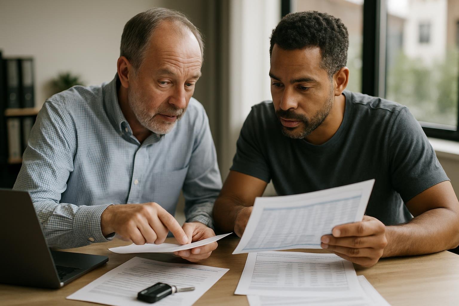 Accountant and business owner reviewing tax and rental documents in an office