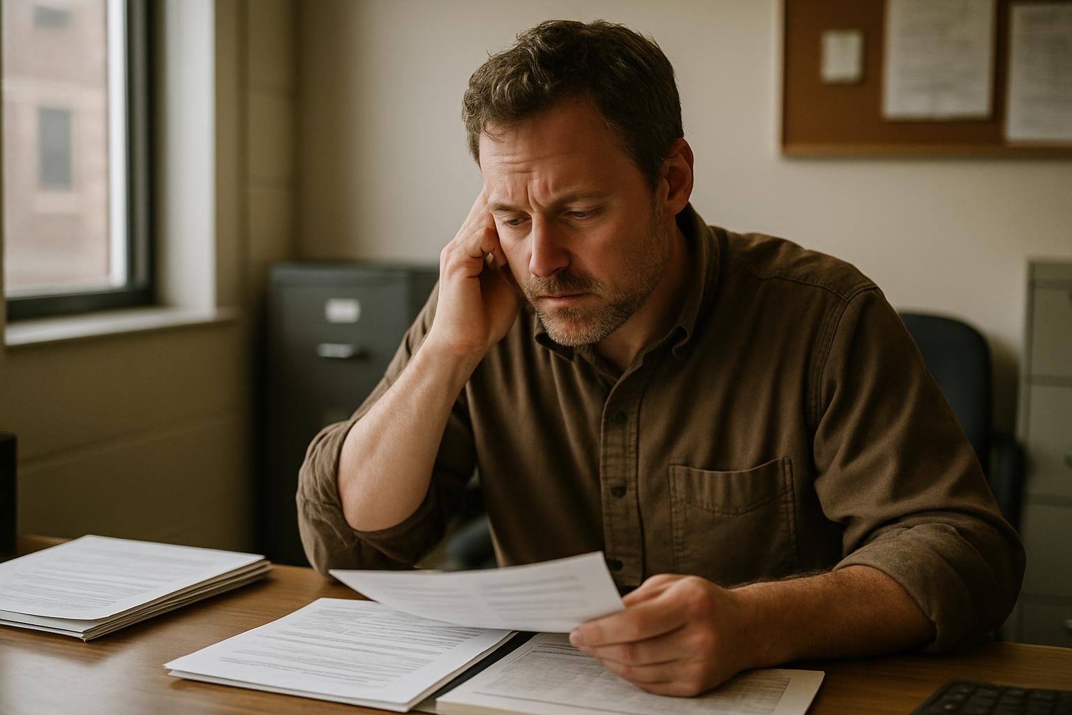 Small business owner checking compliance checklist and financial paperwork at a desk
