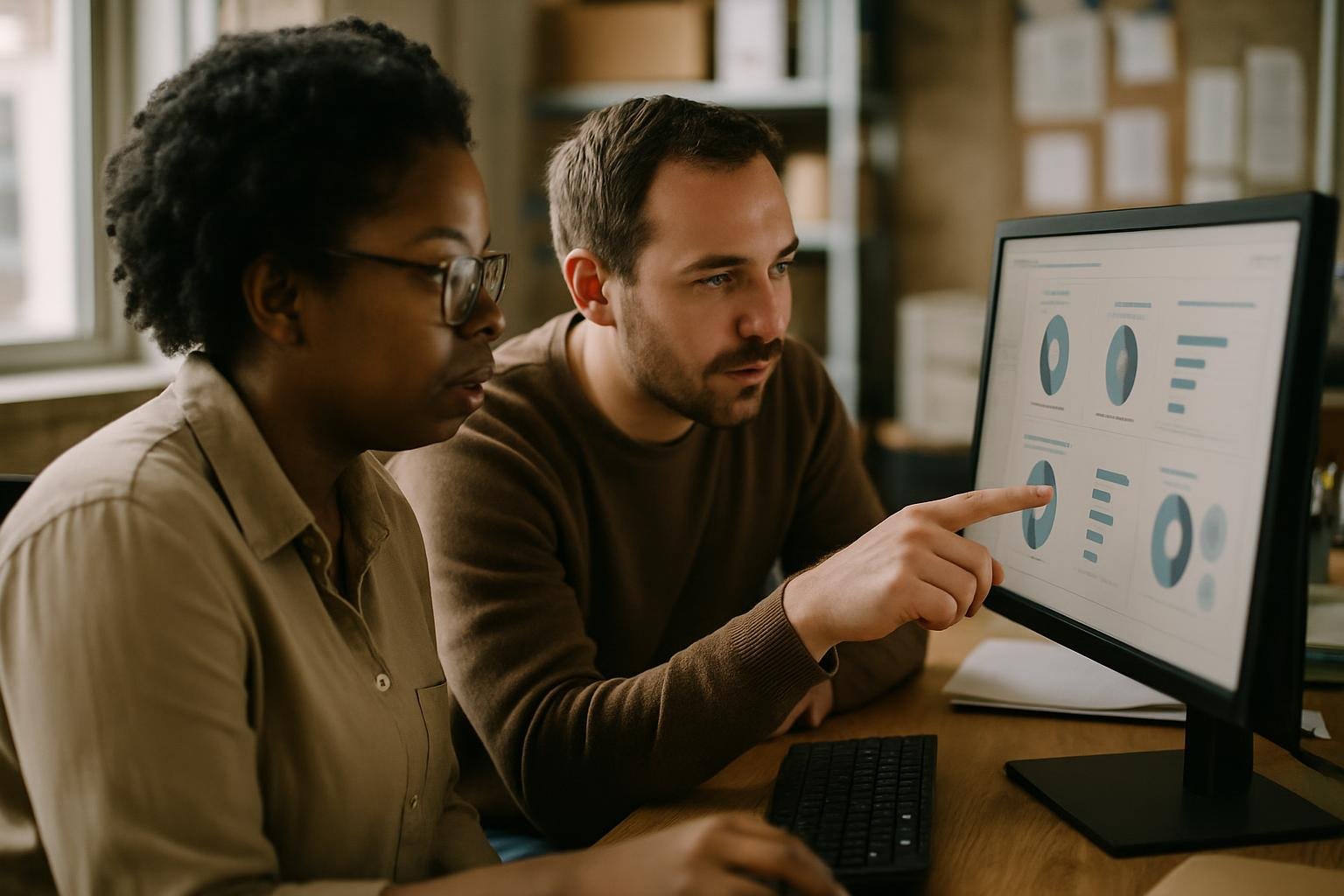 Two coworkers in a small business workspace using audience segmentation tools on a desktop computer.