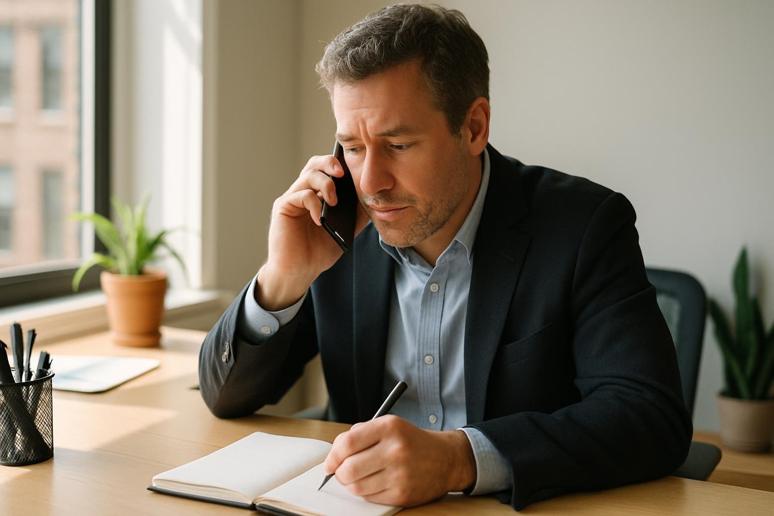 Consultant making a follow-up call to a client at a tidy office desk.
