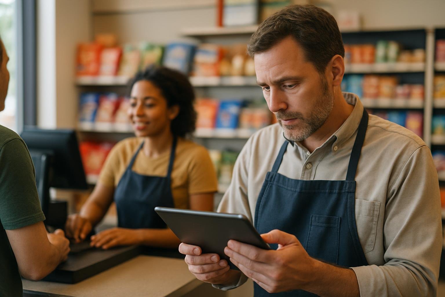 Shop manager checks loyalty program signups at checkout while a cashier helps a customer.