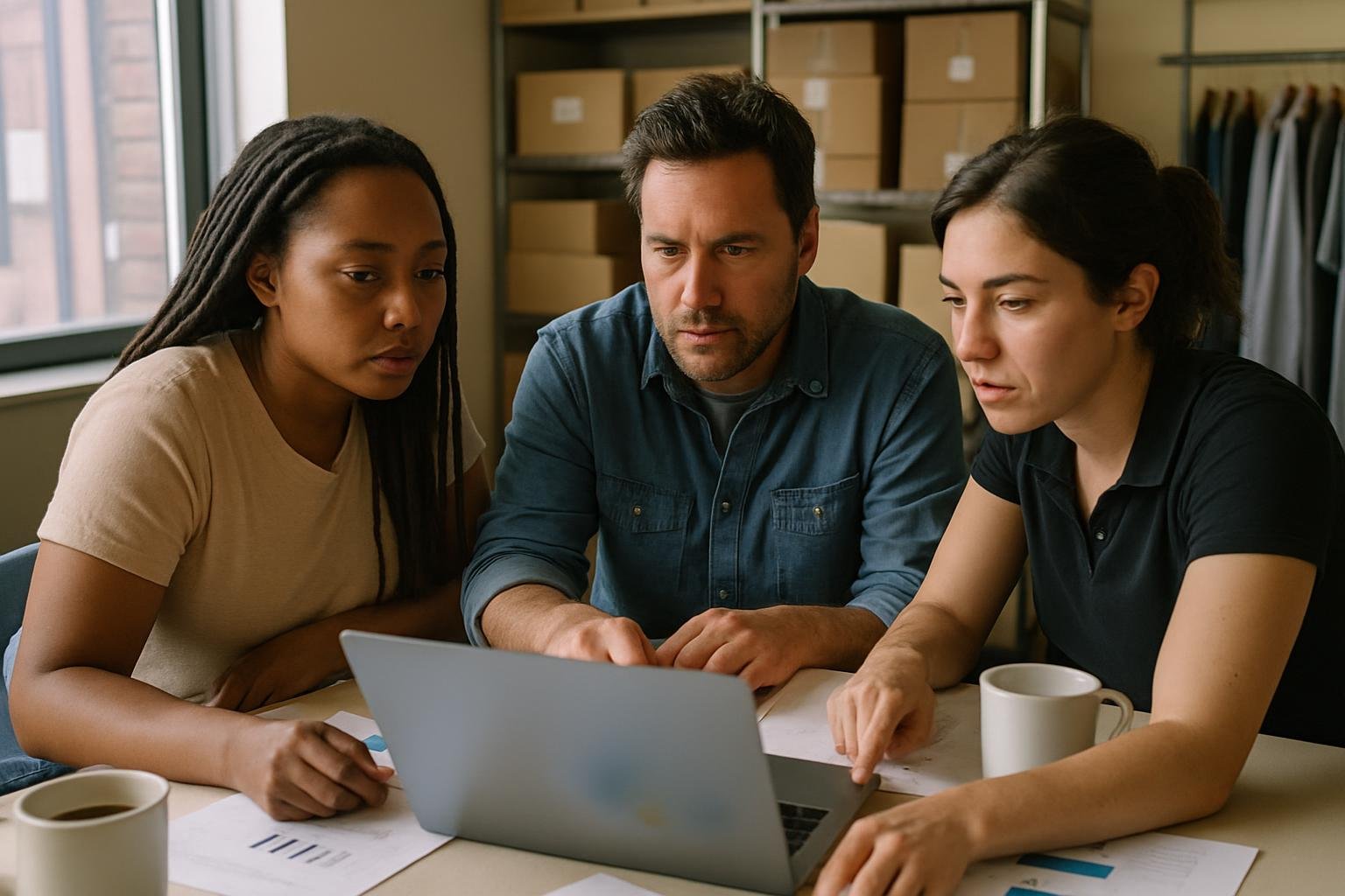 Business team reviewing sales and inventory data together in a small retail office.