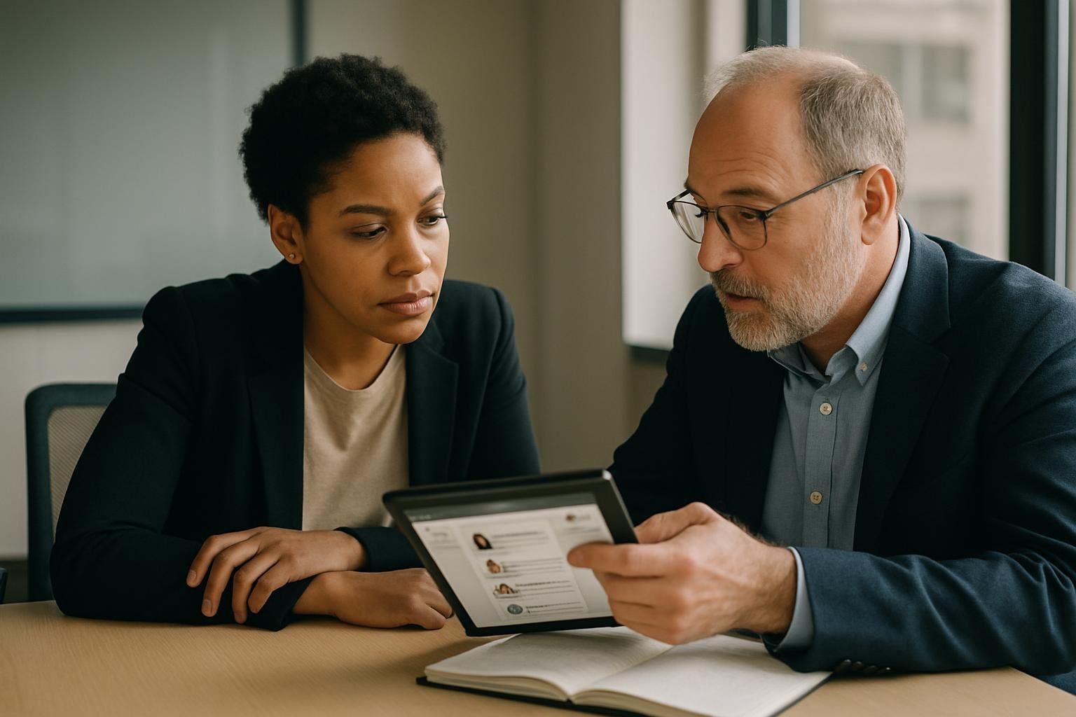 Consultant and client in conference room reviewing LinkedIn profiles and notes on a tablet.