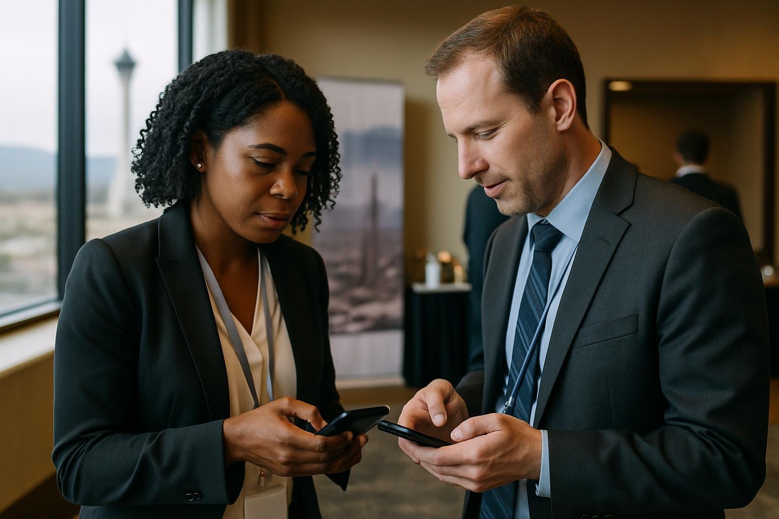 Professionals at Las Vegas networking event exchanging contact information with smartphones.