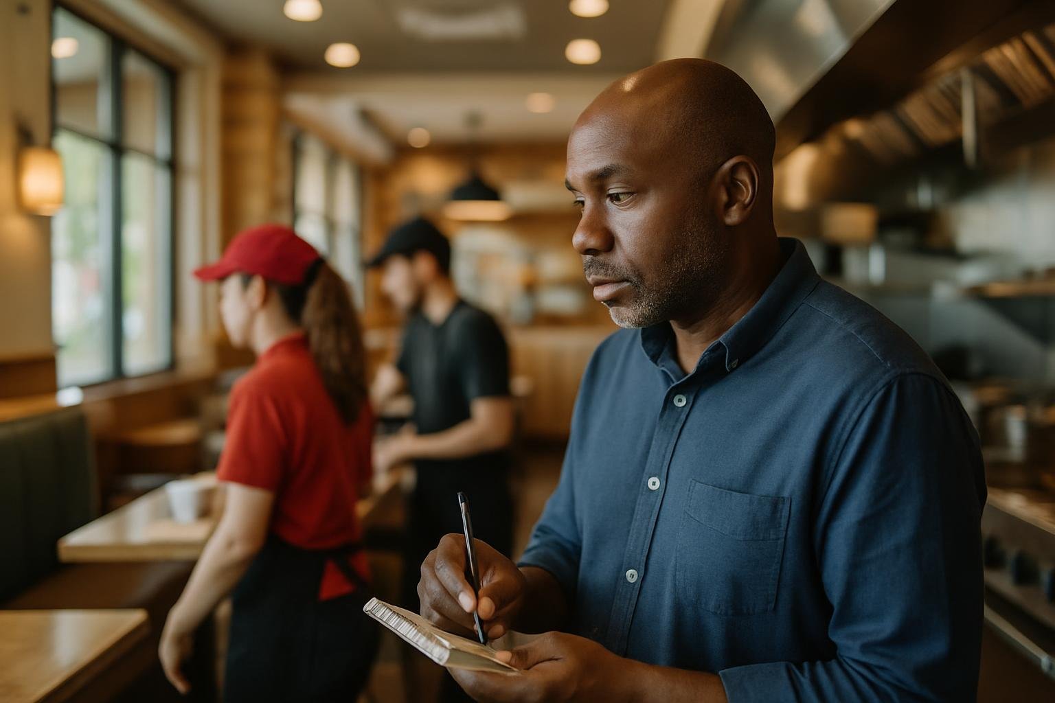 Prospective franchisee observing staff at a restaurant franchise location.