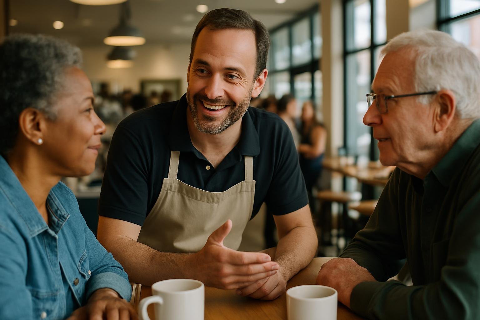 Franchise owner engaging with customers at a modern café counter.