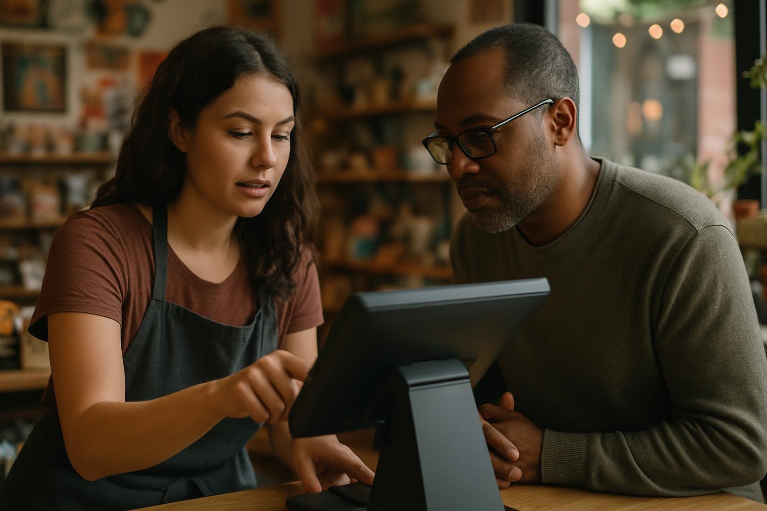 Shop cashier and customer discussing flexible payment at checkout among holiday decor.
