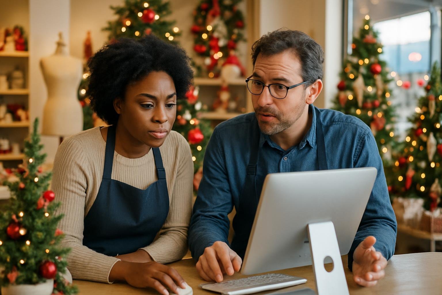 Retail team members planning sales with a computer near festive store displays.