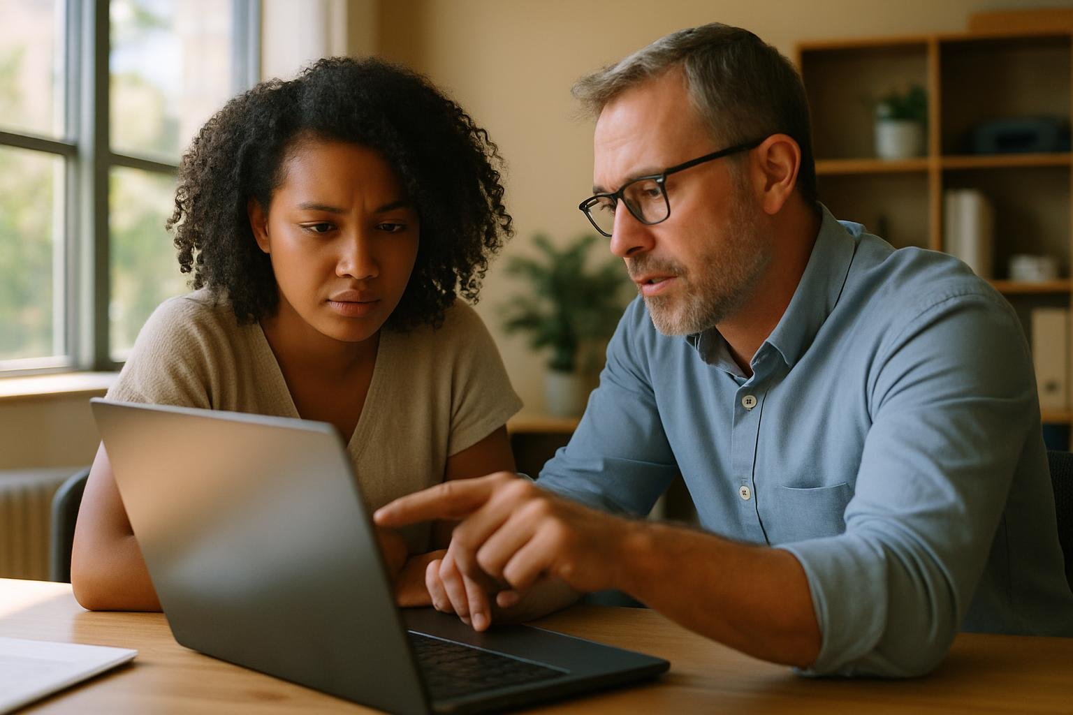 Two professionals in office collaborating on supplier performance review using a laptop