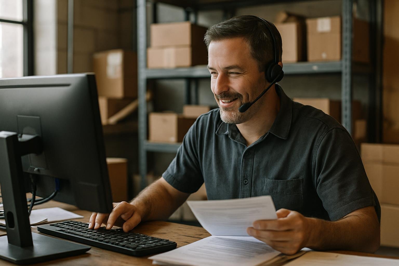 Operations manager uploading supplier documents in warehouse while on the phone