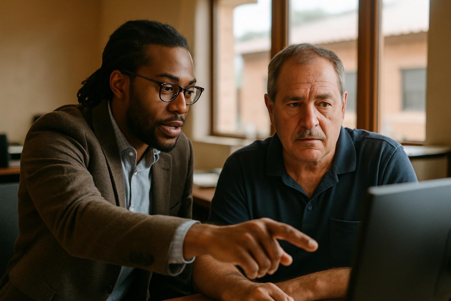 Consultant and business owner setting up stablecoin payments in a bright office.
