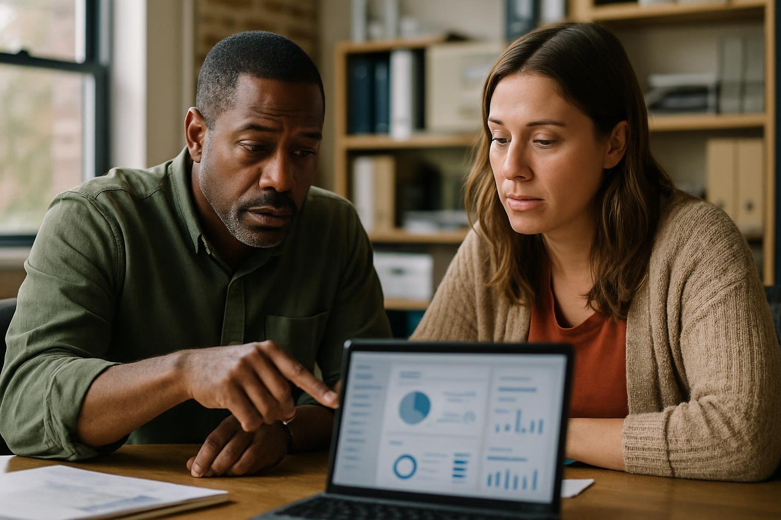 Small business managers reviewing a payment platform dashboard on a laptop.