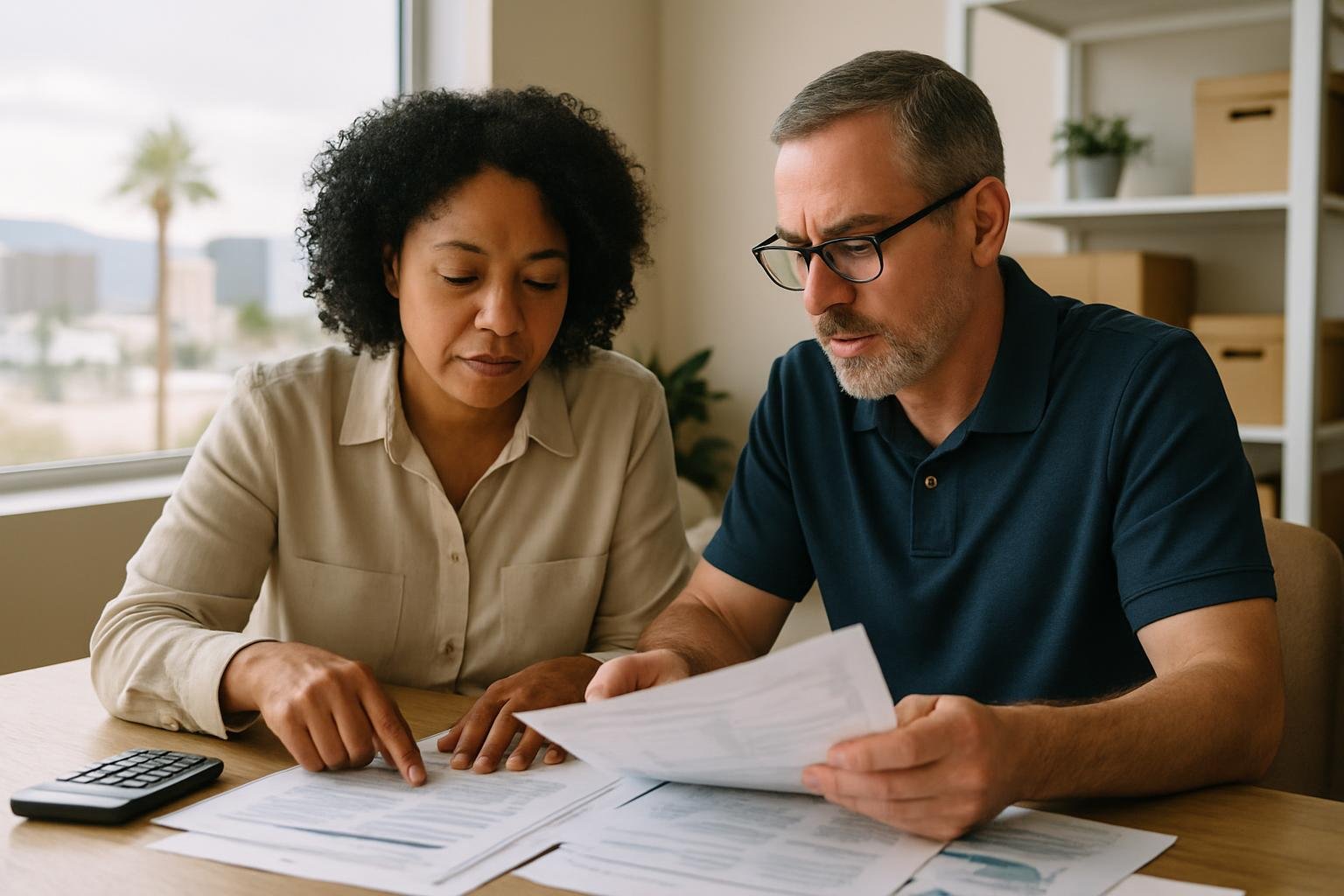 Two business owners collaborating on tax paperwork in a modern Las Vegas office.