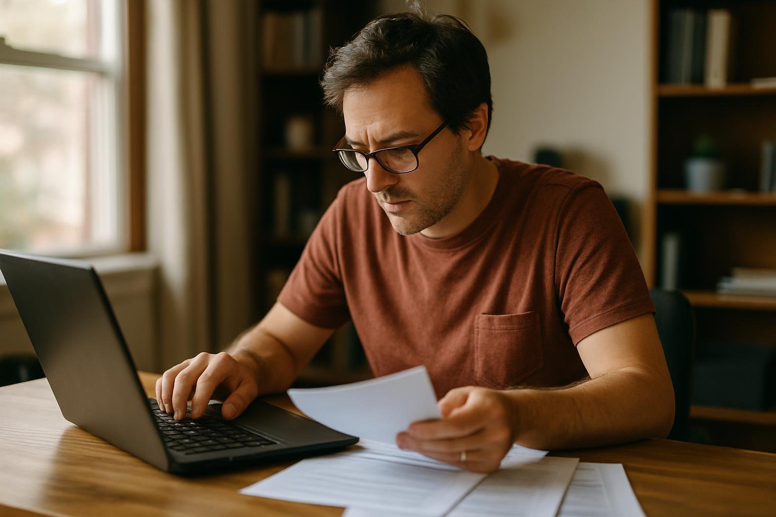 Freelancer organizing documents and working on tax filing at a home office desk.