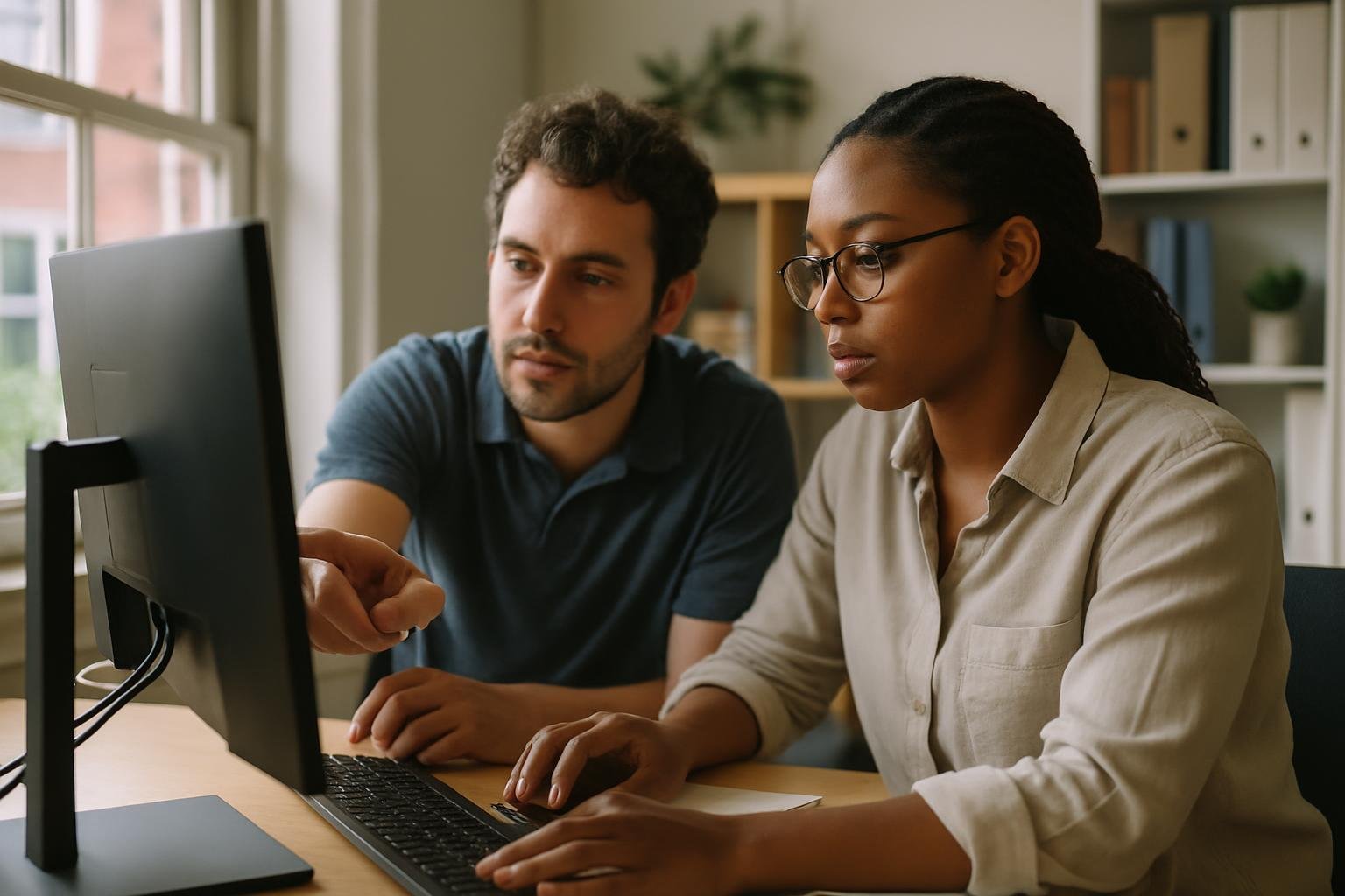 Colleagues using AI-powered tools together at a small business workplace.