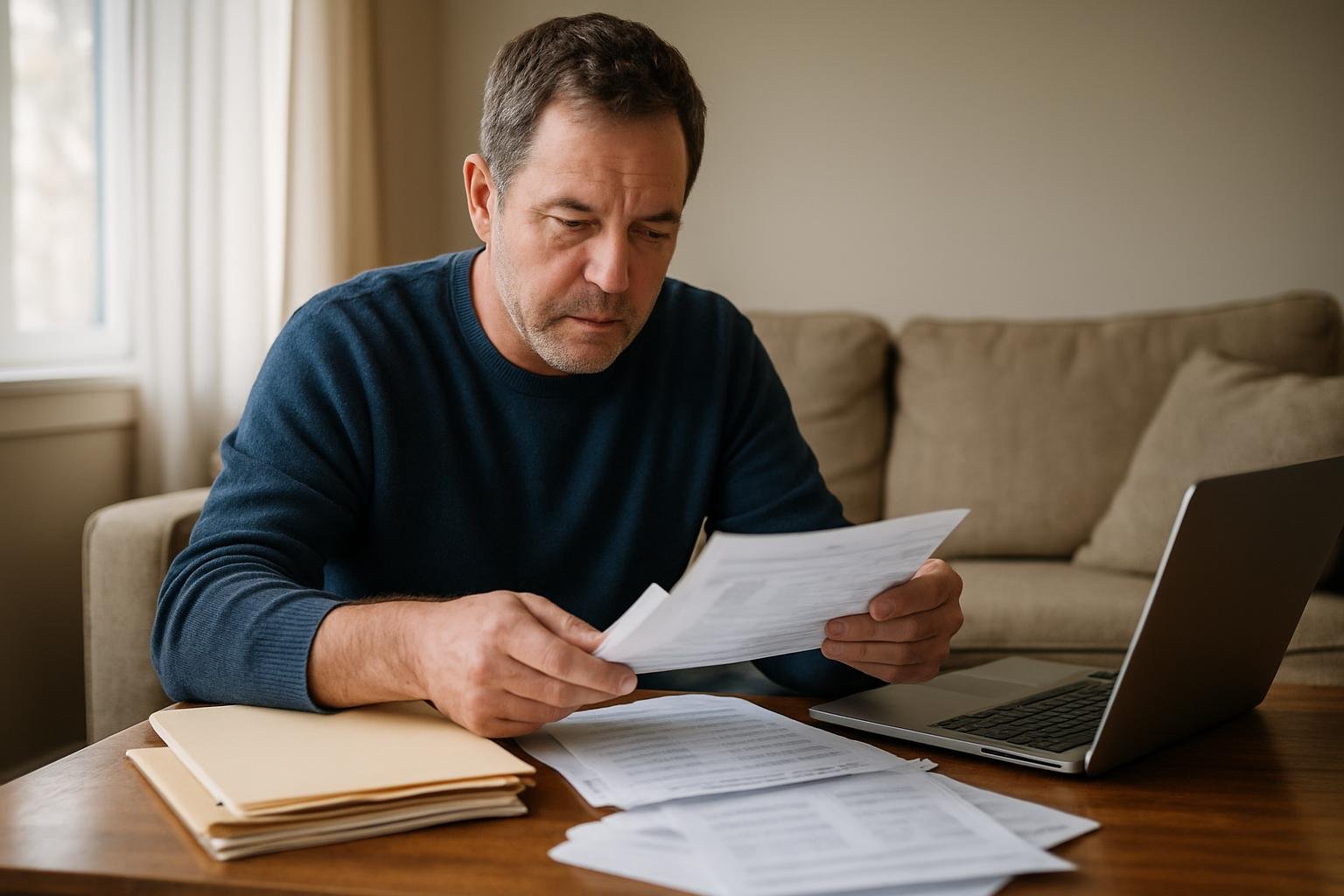 Individual organizing personal asset documents at home in a living room.