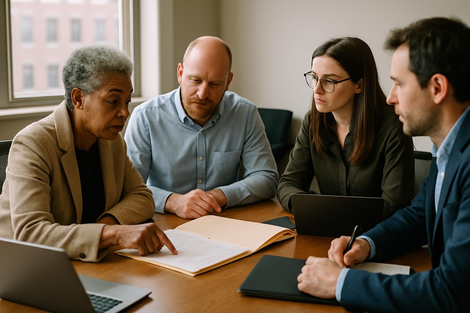 Professionals collaborating on asset valuation strategies in a conference room.
