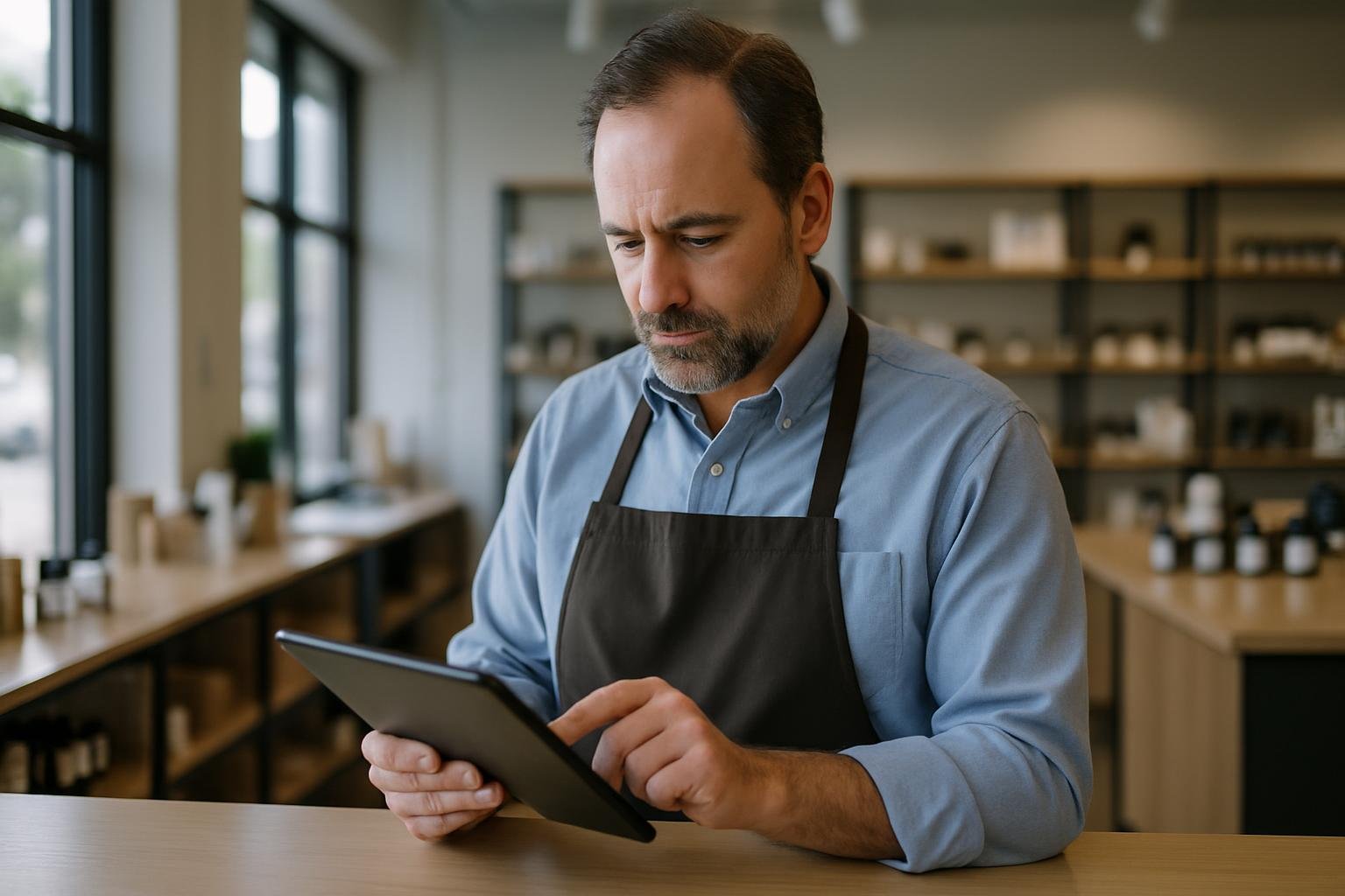 Business owner in a retail shop reviewing investment notes on a tablet