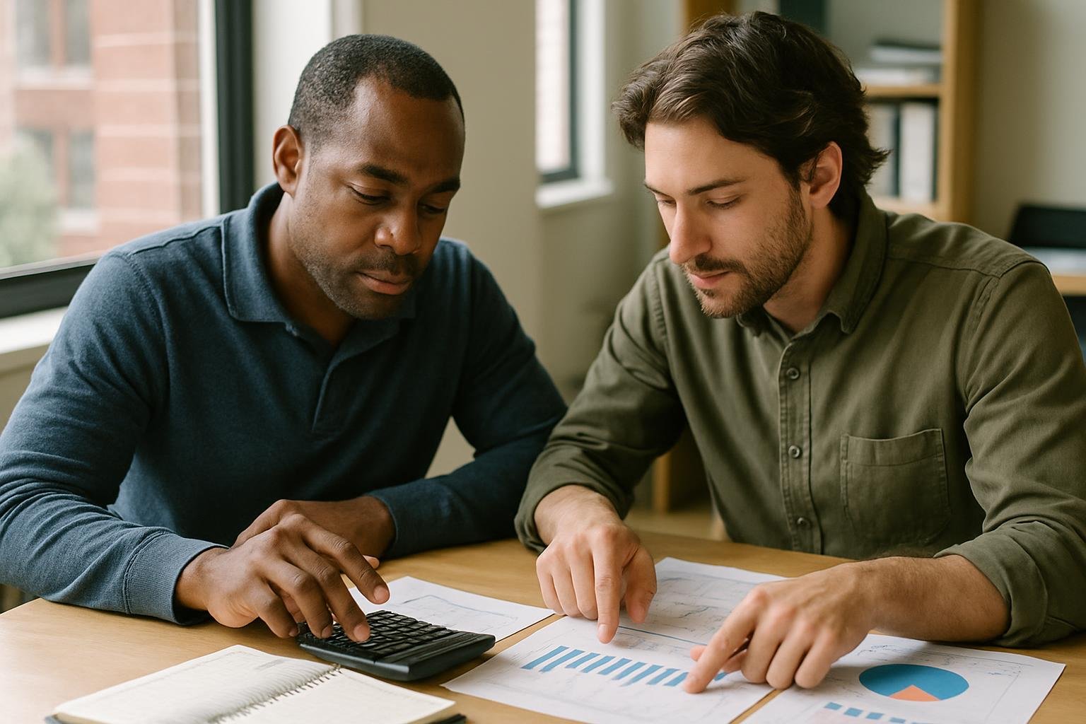 Entrepreneurs examining financial charts and planning investments in a modern office
