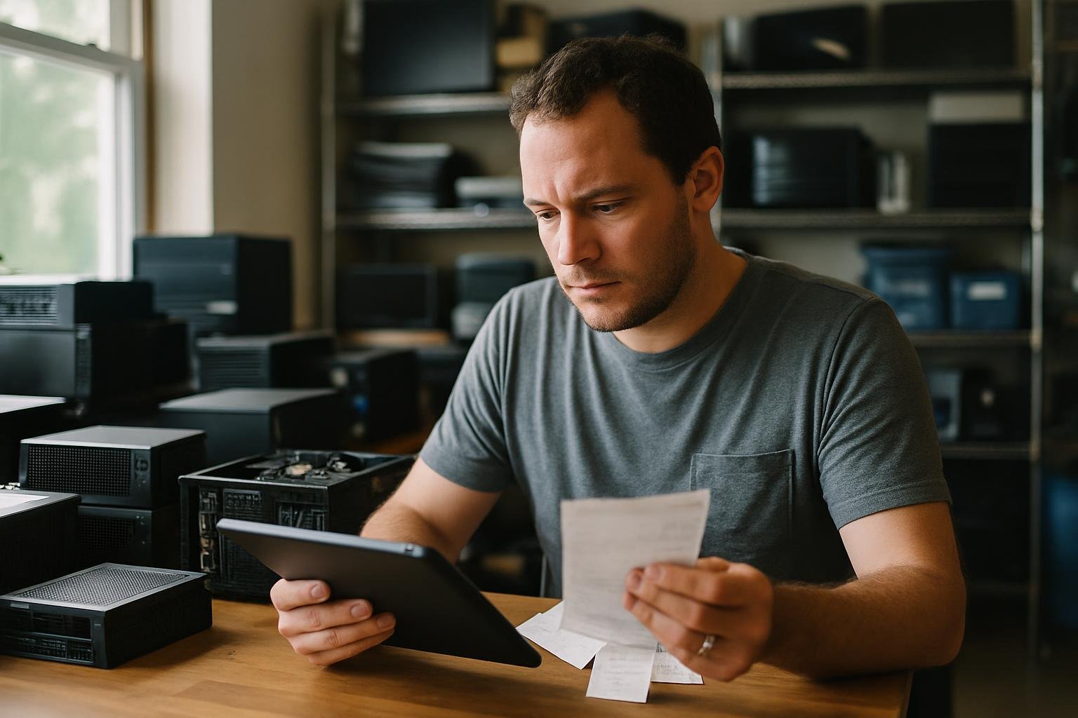 Small business owner checking technology equipment and expense receipts in a modern workspace.