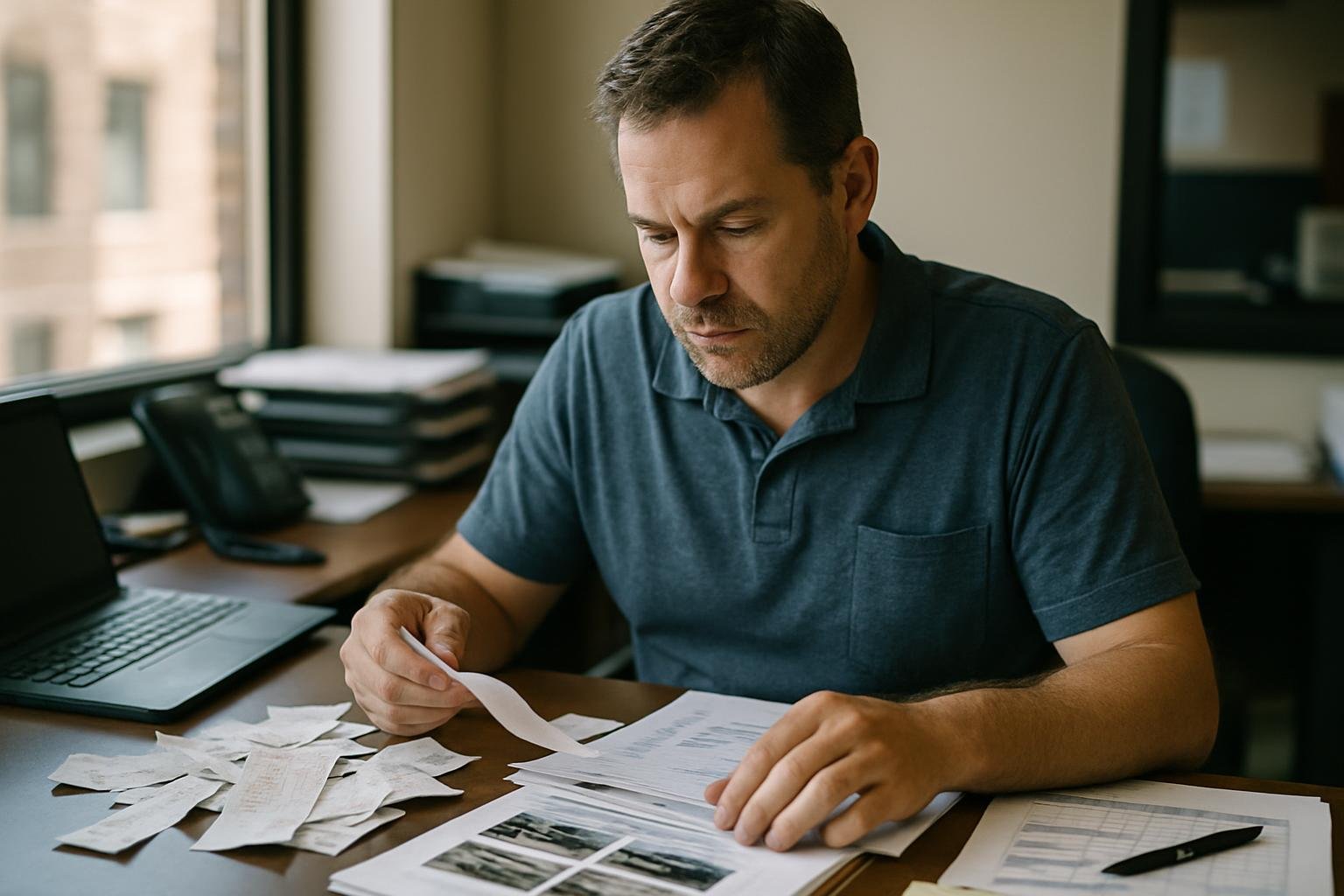 Financial professional organizing receipts and asset documentation for taxes at a desk.