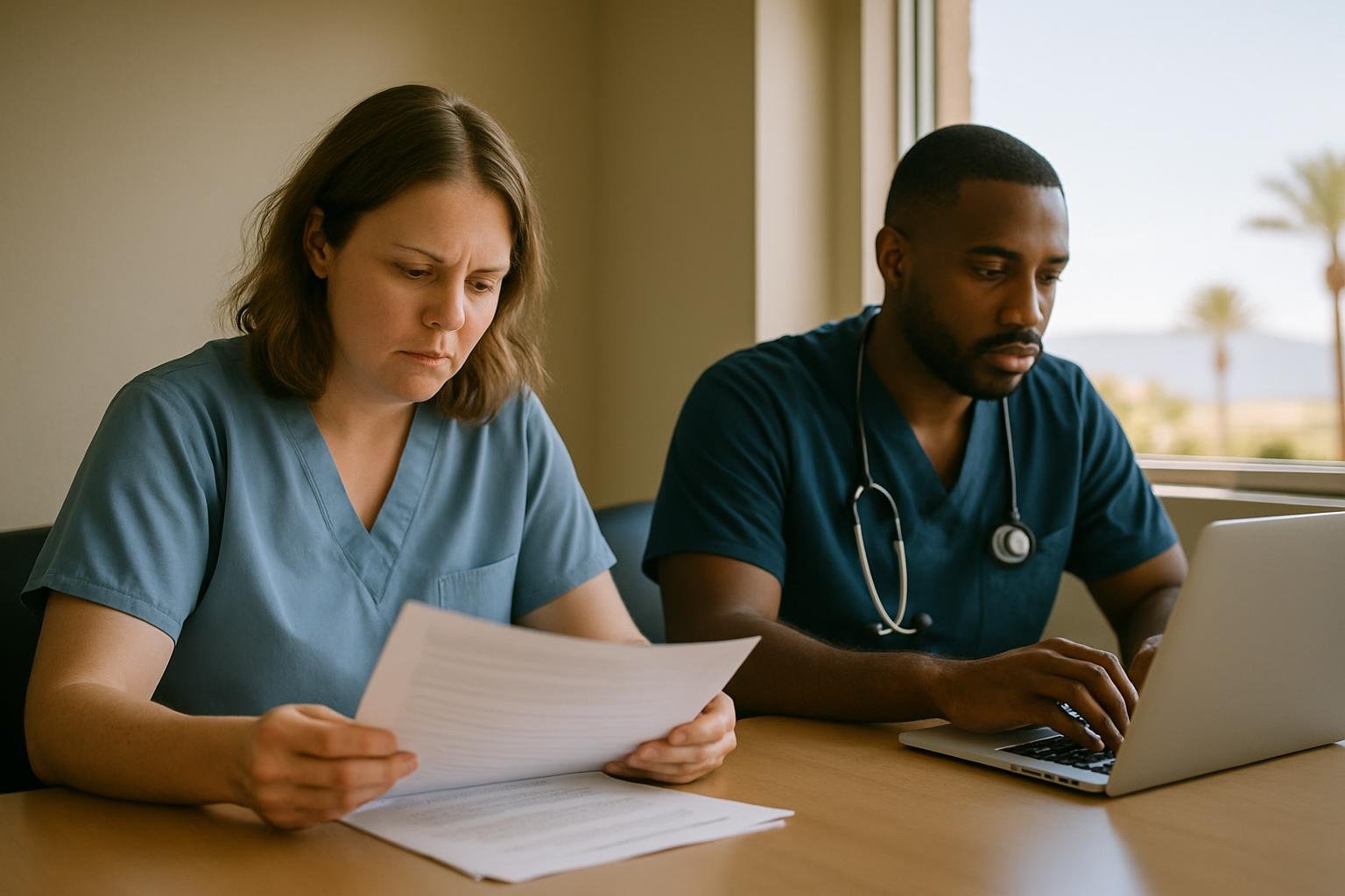 Hospital staff discussing documents with sunlight shining through a window.