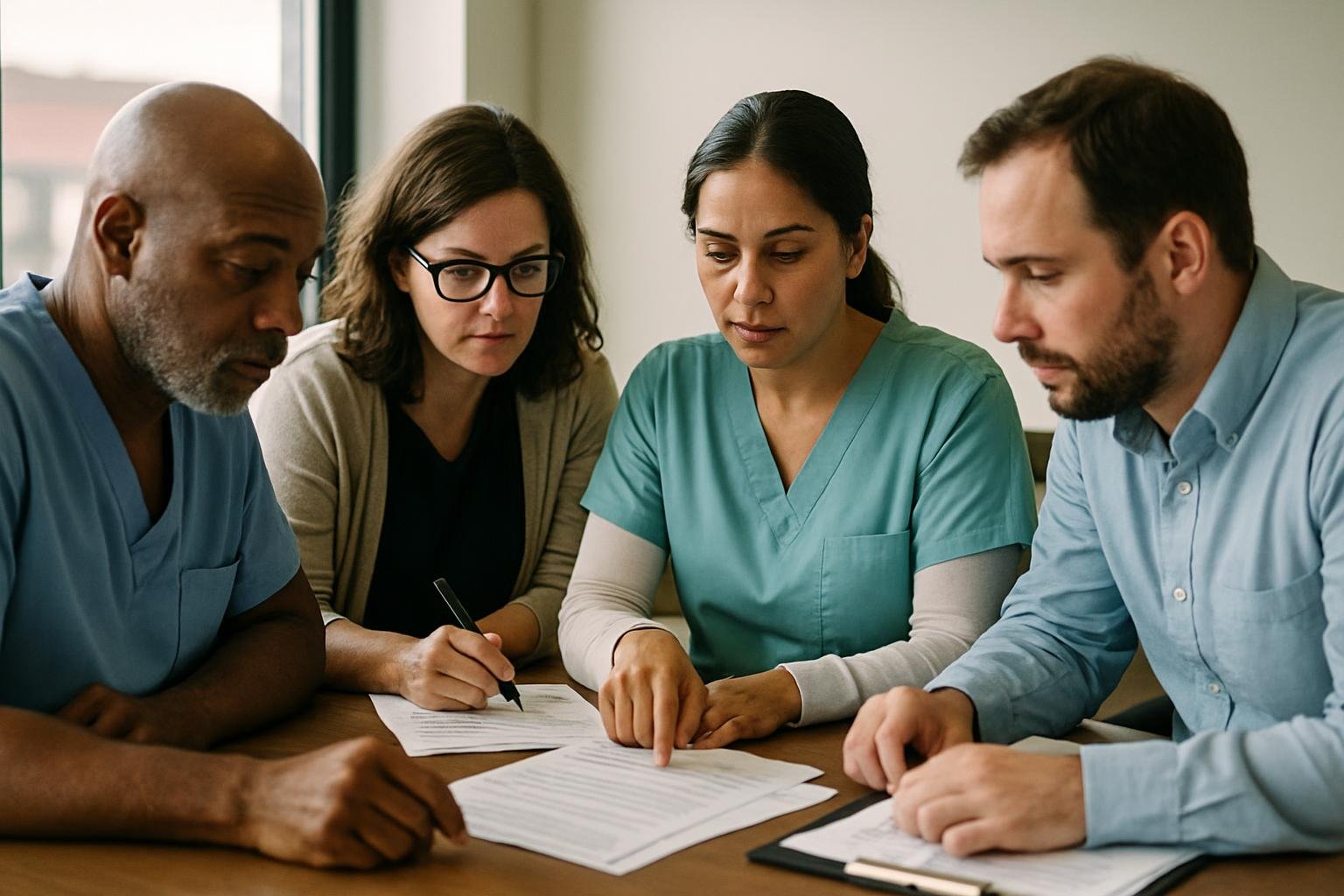 Healthcare administrators collaborating over compliance paperwork in a meeting room.