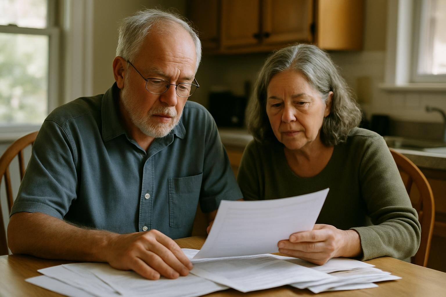 Elderly couple reviewing property tax statement and paperwork at kitchen table